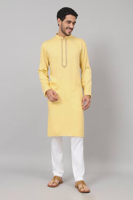 Hilo Design Yellow Gingham, Cotton Embroidery Neckline Kurta And Pant Set Online at Aza Fashions Hilo Design_Yellow Gingham, Cotton Embroidery Neckline Kurta And Pant Set_Online_at_Aza_Fashions