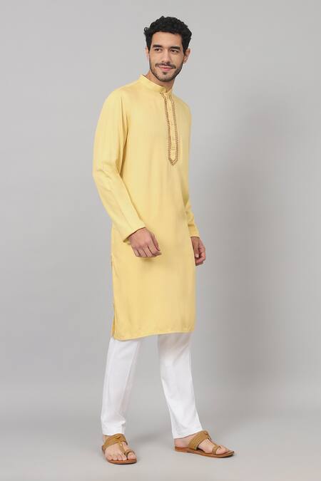 Shop Hilo Design Yellow Gingham, Cotton Embroidery Neckline Kurta And Pant Set Online at Aza Fashions Shop_Hilo Design_Yellow Gingham, Cotton Embroidery Neckline Kurta And Pant Set_Online_at_Aza_Fashions