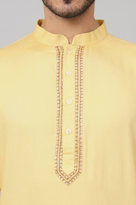 Hilo Design Yellow Gingham, Cotton Embroidery Neckline Kurta And Pant Set at Aza Fashions Hilo Design_Yellow Gingham, Cotton Embroidery Neckline Kurta And Pant Set_at_Aza_Fashions