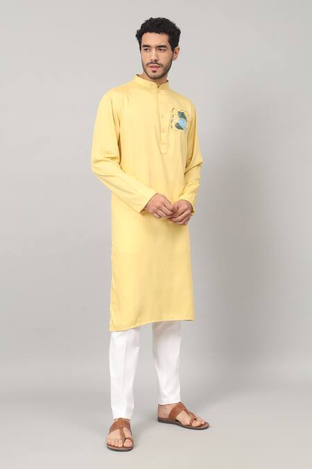 Hilo Design_Yellow Gingham, Cotton Embroidery Amarillo Abstract Kurta And Pant Set_Online_at_Aza_Fashions