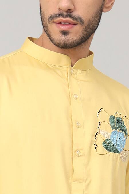 Buy_Hilo Design_Yellow Gingham, Cotton Embroidery Amarillo Abstract Kurta And Pant Set_Online_at_Aza_Fashions
