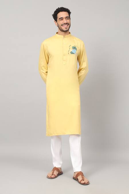 Shop_Hilo Design_Yellow Gingham, Cotton Embroidery Amarillo Abstract Kurta And Pant Set_Online_at_Aza_Fashions