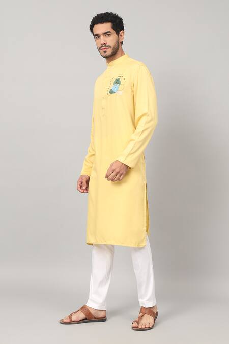 Hilo Design_Yellow Gingham, Cotton Embroidery Amarillo Abstract Kurta And Pant Set_at_Aza_Fashions