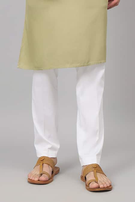 Hilo Design_Green Gingham, Cotton Embroidery Self Leaf Kurta And Pant Set_Online_at_Aza_Fashions