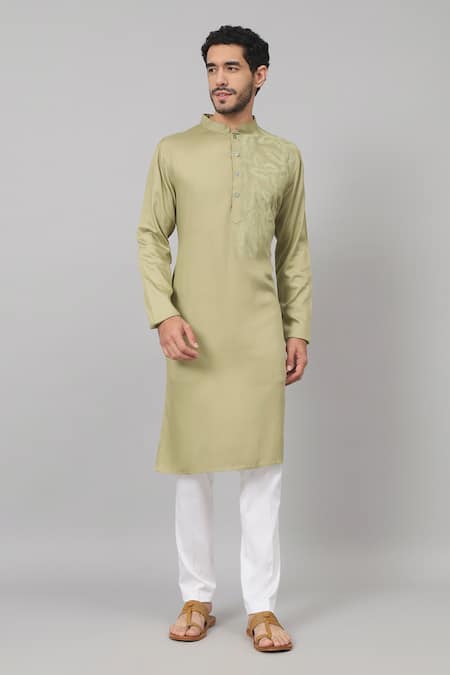 Buy_Hilo Design_Green Gingham, Cotton Embroidery Self Leaf Kurta And Pant Set_Online_at_Aza_Fashions