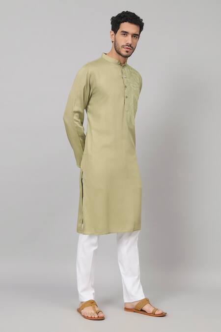 Hilo Design_Green Gingham, Cotton Embroidery Self Leaf Kurta And Pant Set_at_Aza_Fashions