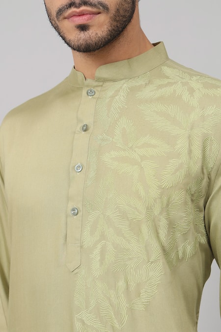 Buy_Hilo Design_Green Gingham, Cotton Embroidery Self Leaf Kurta And Pant Set