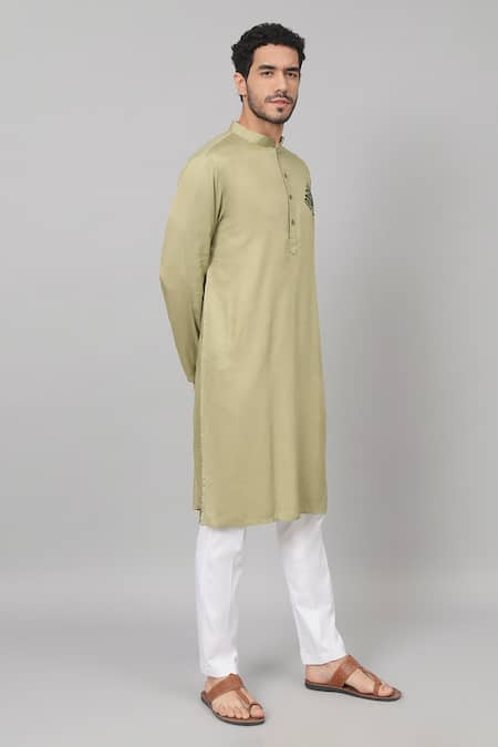 Hilo Design Green Gingham, Cotton Embroidery Motif Kurta And Pant Set at Aza Fashions Hilo Design_Green Gingham, Cotton Embroidery Motif Kurta And Pant Set_at_Aza_Fashions