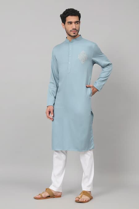 Shop Hilo Design Blue Gingham, Cotton Embroidery Motif Straight Kurta And Pant Set Online at Aza Fashions Shop_Hilo Design_Blue Gingham, Cotton Embroidery Motif Straight Kurta And Pant Set_Online_at_Aza_Fashions