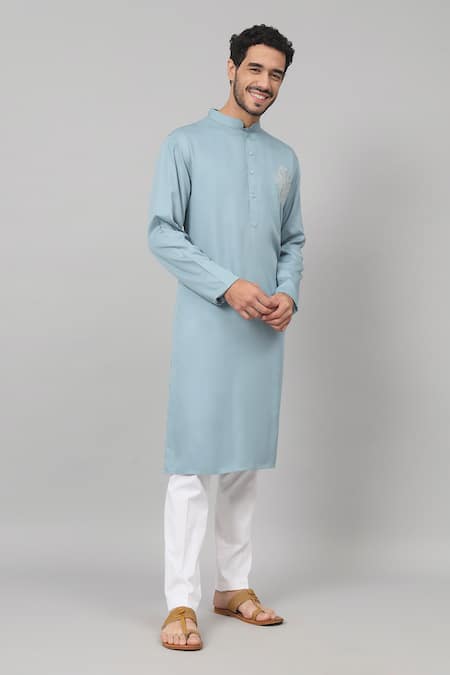 Hilo Design Blue Gingham, Cotton Embroidery Motif Straight Kurta And Pant Set at Aza Fashions Hilo Design_Blue Gingham, Cotton Embroidery Motif Straight Kurta And Pant Set_at_Aza_Fashions