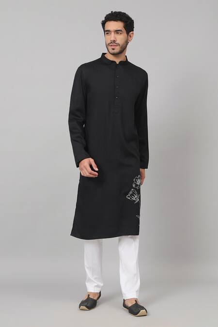 Buy_Hilo Design_Black Gingham, Cotton Embroidery Stelo Stem Kurta And Pant Set_Online_at_Aza_Fashions