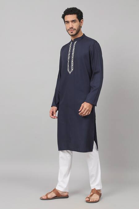 Shop Hilo Design Blue Gingham, Cotton Embroidery Marinho Neckline Kurta And Pant Set Online at Aza Fashions Shop_Hilo Design_Blue Gingham, Cotton Embroidery Marinho Neckline Kurta And Pant Set_Online_at_Aza_Fashions