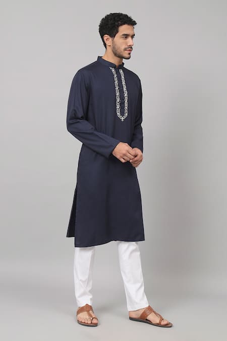 Hilo Design Blue Gingham, Cotton Embroidery Marinho Neckline Kurta And Pant Set at Aza Fashions Hilo Design_Blue Gingham, Cotton Embroidery Marinho Neckline Kurta And Pant Set_at_Aza_Fashions