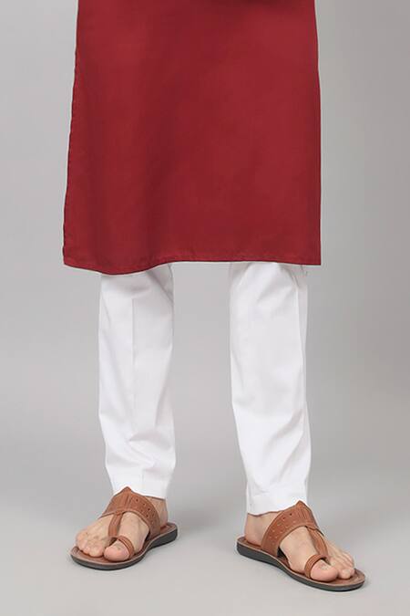 Hilo Design_Maroon Gingham, Cotton Embroidery Motif Work Straight Kurta And Pant Set_Online_at_Aza_Fashions