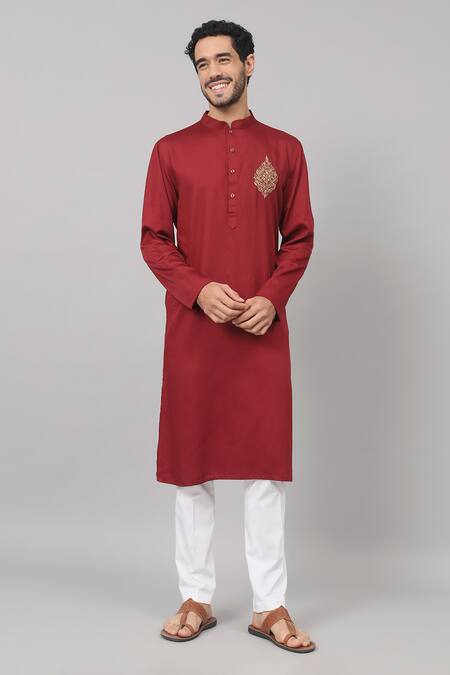 Buy_Hilo Design_Maroon Gingham, Cotton Embroidery Motif Work Straight Kurta And Pant Set_Online_at_Aza_Fashions