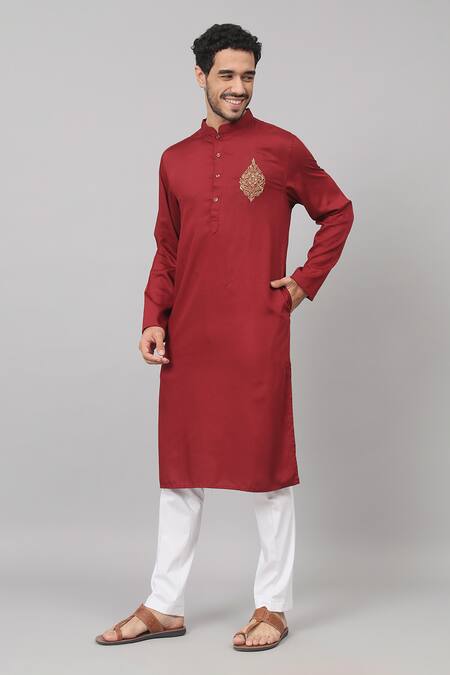 Shop_Hilo Design_Maroon Gingham, Cotton Embroidery Motif Work Straight Kurta And Pant Set_Online_at_Aza_Fashions