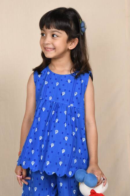 APRICOTKIDS_Blue Cotton Printed Hot Air Balloon Top And Pant Set _Online_at_Aza_Fashions