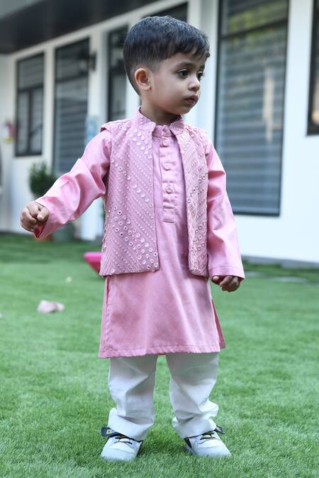 APRICOTKIDS_Pink Cotton Mirrors Work Nehru Jacket With Kurta Set _Online_at_Aza_Fashions