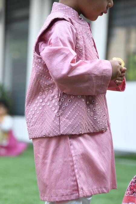 Buy_APRICOTKIDS_Pink Cotton Mirrors Work Nehru Jacket With Kurta Set _Online_at_Aza_Fashions