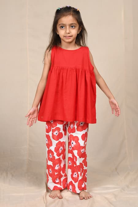 APRICOTKIDS Red Cotton Printed Floral Sleeveless Top And Pant Set 