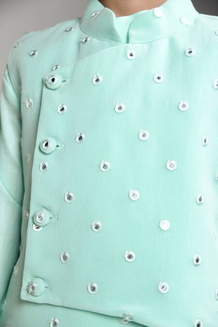 APRICOTKIDS_Green Glaze Cotton Embroidered Mirror Kurta Set With Nehru Jacket _Online_at_Aza_Fashions