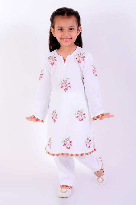Neha Gursahani_Ivory Cotton Linen Embroidery Bloom Kurta With Pant _Online_at_Aza_Fashions