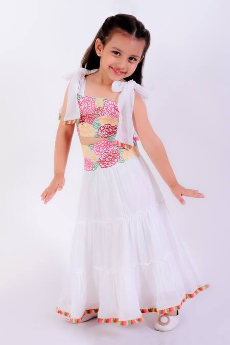 Neha Gursahani Ivory Cotton Mul Embroidery Bloom Tiered Lehenga With Blouse Online at Aza Fashions Neha Gursahani_Ivory Cotton Mul Embroidery Bloom Tiered Lehenga With Blouse _Online_at_Aza_Fashions