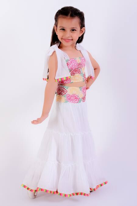 Buy Neha Gursahani Ivory Cotton Mul Embroidery Bloom Tiered Lehenga With Blouse Online at Aza Fashions Buy_Neha Gursahani_Ivory Cotton Mul Embroidery Bloom Tiered Lehenga With Blouse _Online_at_Aza_Fashions