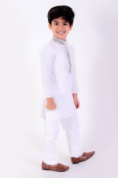 Neha Gursahani_Ivory Cotton Linen Embroidery Cutwork Placket And Collar Kurta With Pant _Online_at_Aza_Fashions