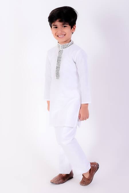 Buy_Neha Gursahani_Ivory Cotton Linen Embroidery Cutwork Placket And Collar Kurta With Pant _Online_at_Aza_Fashions