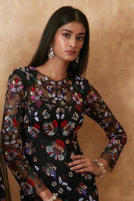 Premya By Manishii Black Tulle Embroidery Sequin Boat Neck Flower Gown Online at Aza Fashions Premya By Manishii_Black Tulle Embroidery Sequin Boat Neck Flower Gown _Online_at_Aza_Fashions
