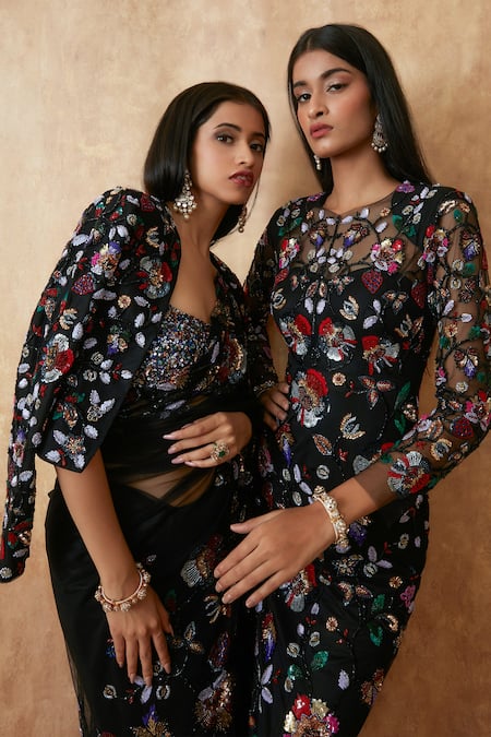 Buy Premya By Manishii Black Tulle Embroidery Sequin Boat Neck Flower Gown Buy_Premya By Manishii_Black Tulle Embroidery Sequin Boat Neck Flower Gown