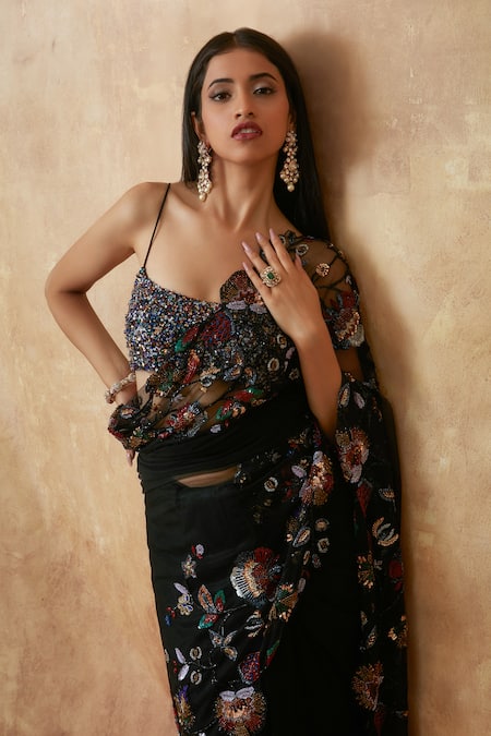 Buy Premya By Manishii Black Tulle Sequins, Beads, Cut Work Square Floral Embroidered Saree With Blouse Buy_Premya By Manishii_Black Tulle Sequins, Beads, Cut Work Square Floral Embroidered Saree With Blouse