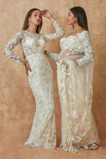 Buy_Premya By Manishii_Off White Tulle Embroidery Sequin Round Neck Floral Hand Gown _Online_at_Aza_Fashions