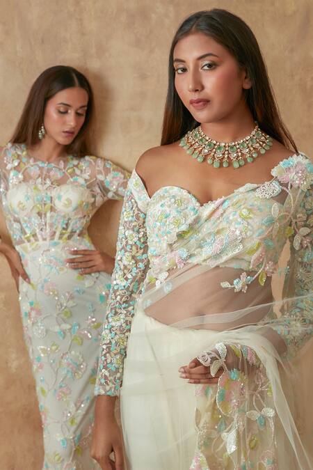 Premya By Manishii_Off White Tulle Embroidery Sequin Round Neck Floral Hand Gown _at_Aza_Fashions