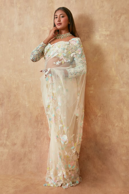 Shop Premya By Manishii Off White Tulle Cut Work, Floral Cutwork Embroidered Saree With Corset Blouse at Aza Fashions Shop_Premya By Manishii_Off White Tulle Cut Work, Floral Cutwork Embroidered Saree With Corset Blouse _at_Aza_Fashions
