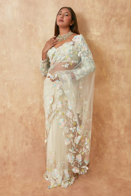 Premya By Manishii Off White Tulle Cut Work, Floral Cutwork Embroidered Saree With Corset Blouse Online at Aza Fashions Premya By Manishii_Off White Tulle Cut Work, Floral Cutwork Embroidered Saree With Corset Blouse _Online_at_Aza_Fashions