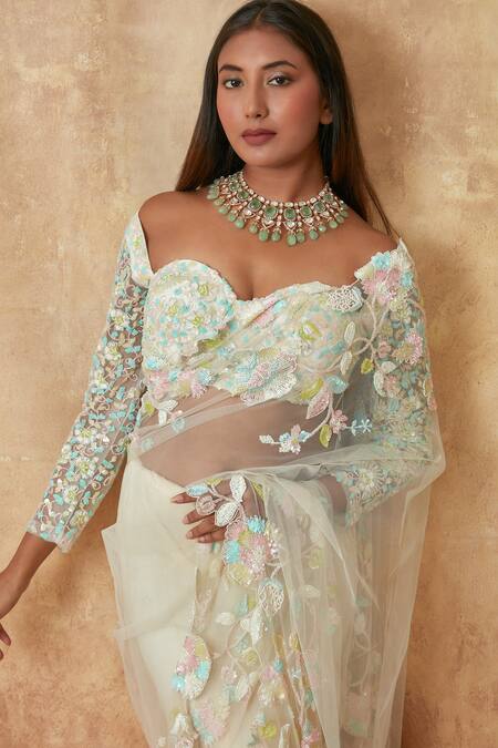 Buy Premya By Manishii Off White Tulle Cut Work, Floral Cutwork Embroidered Saree With Corset Blouse Online at Aza Fashions Buy_Premya By Manishii_Off White Tulle Cut Work, Floral Cutwork Embroidered Saree With Corset Blouse _Online_at_Aza_Fashions