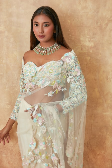 Shop Premya By Manishii Off White Tulle Cut Work, Floral Cutwork Embroidered Saree With Corset Blouse Online at Aza Fashions Shop_Premya By Manishii_Off White Tulle Cut Work, Floral Cutwork Embroidered Saree With Corset Blouse _Online_at_Aza_Fashions