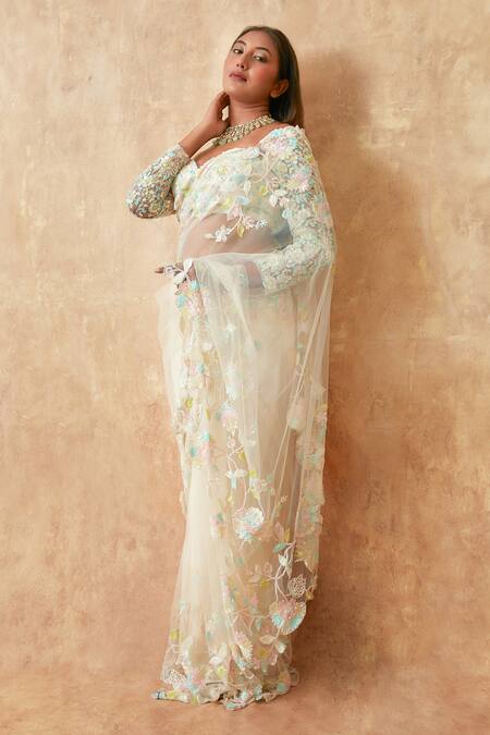 Premya By Manishii Off White Tulle Cut Work, Floral Cutwork Embroidered Saree With Corset Blouse at Aza Fashions Premya By Manishii_Off White Tulle Cut Work, Floral Cutwork Embroidered Saree With Corset Blouse _at_Aza_Fashions