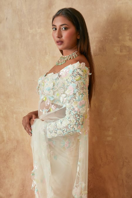 Buy Premya By Manishii Off White Tulle Cut Work, Floral Cutwork Embroidered Saree With Corset Blouse Buy_Premya By Manishii_Off White Tulle Cut Work, Floral Cutwork Embroidered Saree With Corset Blouse