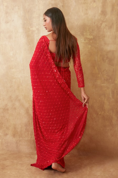 Premya By Manishii_Red Tulle, Viscose Sequins, Cut Work, Criss Cross Jaal Saree With Corset Blouse _at_Aza_Fashions