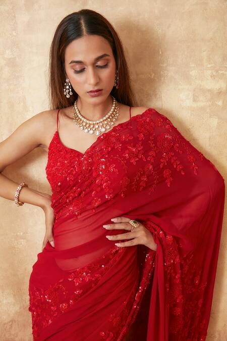 Buy Premya By Manishii Red Tulle, Viscose Sequins, Cut Work, Floral Jaal Embroidered Saree With Blouse Online at Aza Fashions Buy_Premya By Manishii_Red Tulle, Viscose Sequins, Cut Work, Floral Jaal Embroidered Saree With Blouse _Online_at_Aza_Fashions