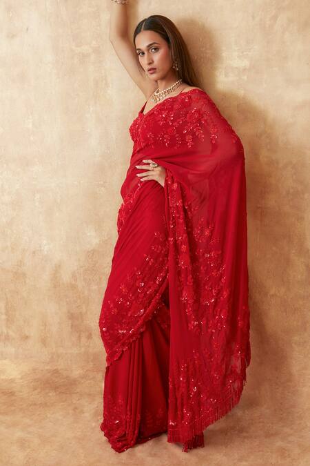 Shop Premya By Manishii Red Tulle, Viscose Sequins, Cut Work, Floral Jaal Embroidered Saree With Blouse Online at Aza Fashions Shop_Premya By Manishii_Red Tulle, Viscose Sequins, Cut Work, Floral Jaal Embroidered Saree With Blouse _Online_at_Aza_Fashions