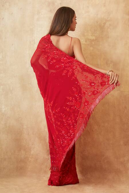 Premya By Manishii Red Tulle, Viscose Sequins, Cut Work, Floral Jaal Embroidered Saree With Blouse at Aza Fashions Premya By Manishii_Red Tulle, Viscose Sequins, Cut Work, Floral Jaal Embroidered Saree With Blouse _at_Aza_Fashions