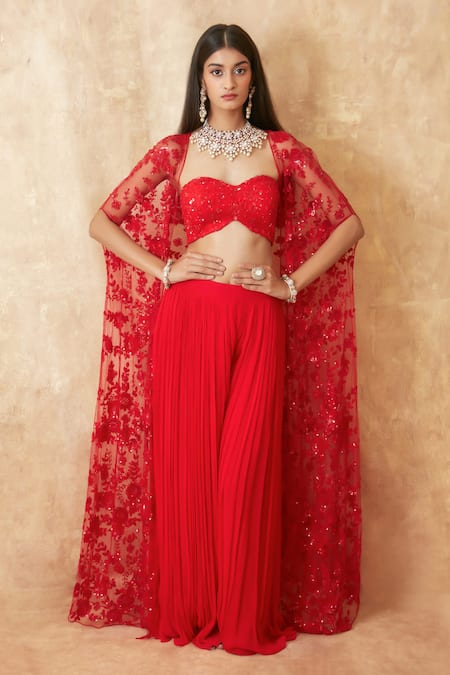 Premya By Manishii Red Tulle, Viscose Sequins, Beads Sweetheart Embroidered Cape Flared Pant Set 