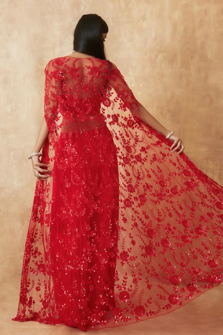 Shop_Premya By Manishii_Red Tulle, Viscose Sequins, Beads Sweetheart Embroidered Cape Flared Pant Set _at_Aza_Fashions