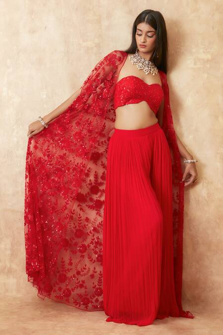 Premya By Manishii_Red Tulle, Viscose Sequins, Beads Sweetheart Embroidered Cape Flared Pant Set _Online_at_Aza_Fashions