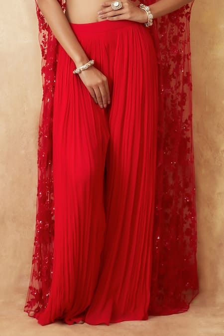 Shop_Premya By Manishii_Red Tulle, Viscose Sequins, Beads Sweetheart Embroidered Cape Flared Pant Set _Online_at_Aza_Fashions
