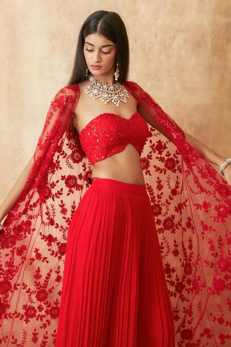Premya By Manishii_Red Tulle, Viscose Sequins, Beads Sweetheart Embroidered Cape Flared Pant Set _at_Aza_Fashions